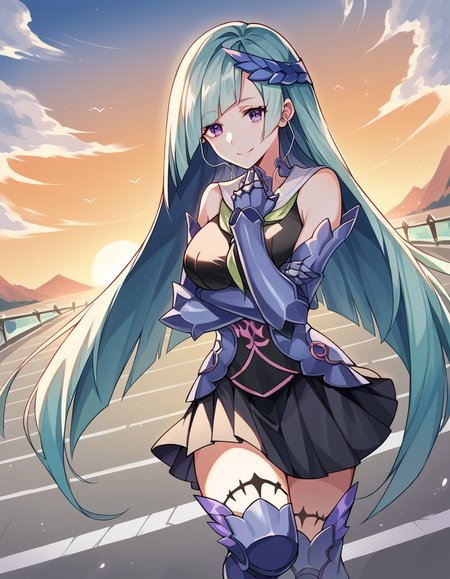 score_9, score_8_up, score_7_up, source_anime, <lora:fgo-brynhildr-ponyxl-lora-nochekaiser:1>, brynhildr, aqua hair, long hair, purple eyes, large breasts,, armor, black skirt, gauntlets, headpiece, skirt, thighhighs,, suburban neighborhood, morning jog, earphones, running shoes, fresh air, sunrise, smile, looking at viewer, arm crossed over chest, solo,, cowboy shot, dutch angle