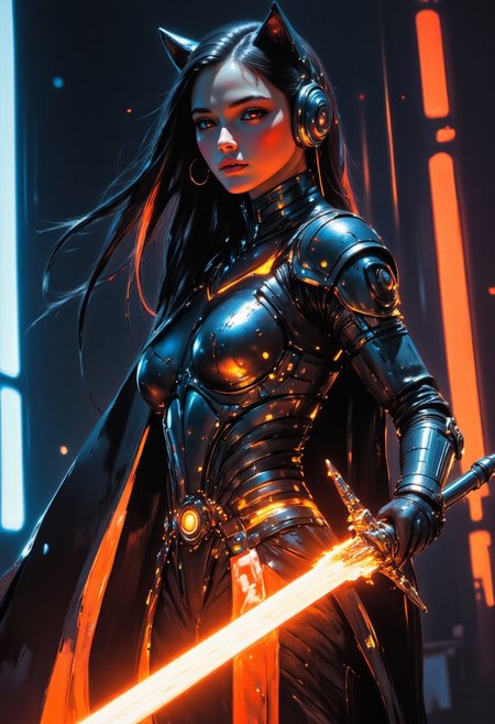 painted world, Comic art style, Female cyborg knight with loose black hair with orange fade in power armor, holding a glowing sword, glowing-neon-trim, cyberpunk, portrait, glowing slit-pupil eyes, razr kitty style mechanical cat-ear headphones, cybernetic limbs, cyberpunk neon city background, rain, detail,