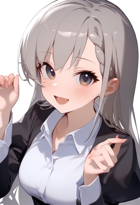 1girl,collared shirt,hisakawa hayate,simple background,white background,solo,white shirt,dress shirt,looking at viewer,black jacket,blush,juliet sleeves,upper body,closed mouth,collarbone,black skirt,open mouth,smile,hands up,<lora:a31_char_new_hisakawa_hayate-000026:1>masterpiece, best quality, absurdres<lora:a31_style_koni-000010:0.8>