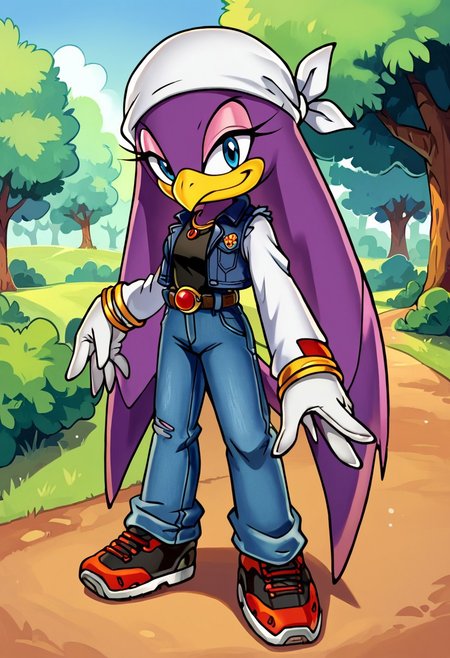 score_9,score_8_up,score_7_up, yuji uekawa, outdoors, daytime, forest mountain field, 1girl,  Waveswallowxl, mobian, purple skin, beak, long hair, blue eyes, white bandana, white gloves, black t-shirt, long sleeves, striped white sleeves, denim jacket vest, jeans, belt, sneakers, standing, looking at viewer, smile