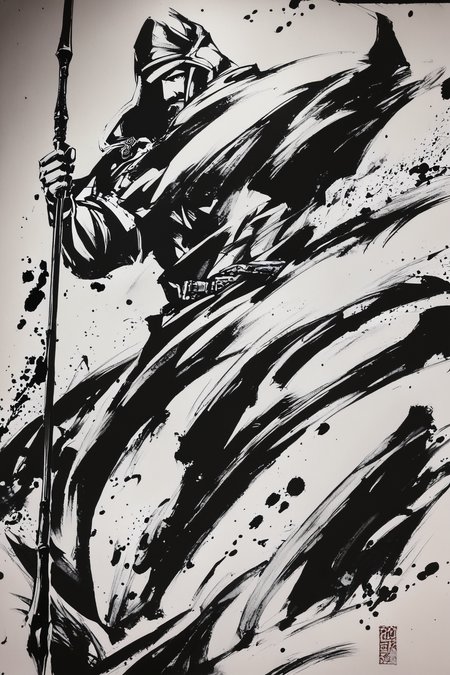 score_9,score_8_up,score_7_up,masterpiece,best quality,
1boy, polearm, male focus, weapon, solo, monochrome, spear, ink \(medium\), traditional media, greyscale, holding polearm, topknot
<lora:okazu_XL_PONY:1>,