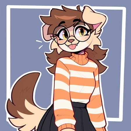 score_9_up, score_8_up, score_7_up, score_6_up, by remanedur, half-length portrait, brown hair, round glasses, furry female, dog, female, furry, floppy ears,  yellow eyes, looking at viewer, solo, smile, happy, fangs, gesture, v sign, blep, tongue, three-quarter view, head tilt, sweater, orange striped sweater, black skirt, black socks, thigh socks, tail, simple background, white outline, <lora:Leah_Pines(AIM)_XL_v1:0.25> <lora:PDXL_artist_tags_v2_big:0.6> <lora:The-Minuscule-Task_PDXL_v1.0:0.6>  <lora:Buttercup_Jayrnski:0.5>