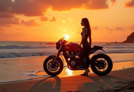 A breathtakingly beautiful photo of a sleek, vintage-inspired sport motorcycle standing majestically on a serene beach with a sexy  super model wearing a motorider latex costume at beside of the motorcycle. photo bathed in the warm glow of a stunning sunset. The camera captures the scene from a dynamic Dutch angle, with the sun hovering just above the horizon, casting a golden light upon the waves and the surrounding landscape. Reddish clouds stretch across the sky, as if set aflame by the radiant sun's descent. In the foreground, the perfectly proportioned motorcycle gleams with a rich, metallic sheen, its curves and lines a testament to its precision engineering. The image is so detailed it appears lifelike, inviting the viewer to step into the frame and experience the idyllic atmosphere firsthand.