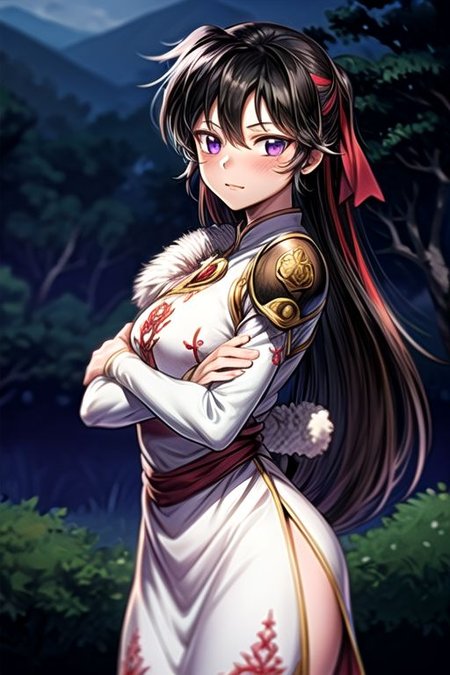 best quality 1girl Setsun4 solo long hair,  (night time) forest background black hair very long hair purple eyes multicolored hair armor, small, (fur trim) (medium body),<lora:EMS-179-EMS:0.800000>,<lora:EMS-293862-EMS:0.800000> bow, hair_bow, hair_tubes, red_bow, brown_hair, long_hair, bangs, ascot, frilled_bow, yellow_ascot, blush, smile, hair_between_eyes, athletic, armor, miko, ,(((intricate outfit,intricate clothes,embroidered outfit,ornate outfit,embroidered clothes,ornate clothes))), strengthmda, crossed arms,