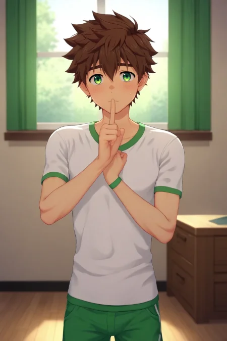 score_9, score_8_up, score_7_up, , rating_safe, , (3d:0.4), , depth of field, 1boy, solo, male focus, <lora:keitaro_nagame_pony:0.98>, keitaro_nagame, brown hair, green eyes, short hair, , , straight-on, dining room, day, sunny, index finger raised, shy, blush, , <lora:sdxl_lightning_8step_lora:1>