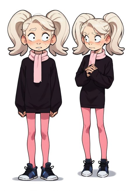 score_9, score_8_up, score_7_up, score_6_up, score_5_up, score_4_up, conceptart,multiple views,white background,simple background,<lora:concept:1>,
1girl, solo,long hair, platinum blonde hair, long twin pigtails, red freckles, black eyes, oversized black dress, sleeves covering hands, light pink scarf, salmon pink tights, black sneakers,
<lora:princess_xl_v1:0.7>, <lora:Expressive_H:0.6>, <lora:incase-ilff-v3-4:0.5>, <lora:MysticalPlantPenetratorPDXL:0.5>, <lora:Twintails_Marra_v1:>