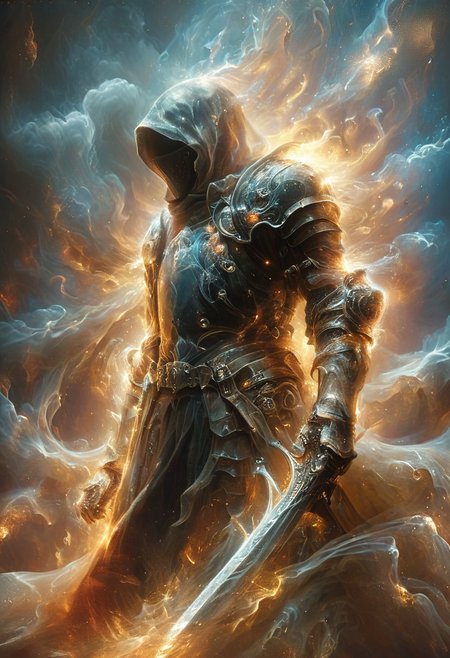 in the style of thunder and lightning, on a dark bokeh background, ((energy wings like tentacles of a octopus))
A stunning, highly detailed dark fantasy full body illustration of a proud scifi soldier wearing intricate first world war style armor and an epic ornamented gasmask, holding a great  glowing scifi sword, golden and blue glooming eyes, very wide shoulders, wearing big gauntlets, epic composition. The scifi soldier stands heroic with big gun and with a flowing cloak and hood during a storm with foggy gloom, thunderclouds in the background . with insanely intricate details and textures, gloomy dramatic lighting, red flames, smoke