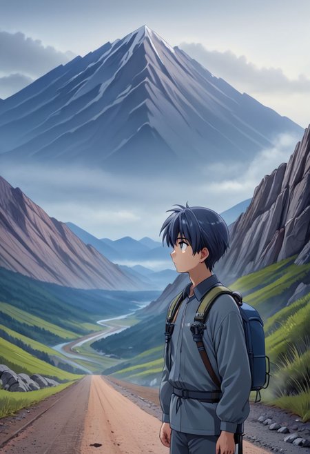 high resolution, solo, best quality, 1Boy, Tomoya Okazaki, Grey Blue Hair, Grey Blue Eyes, landscape, looking away, high mountain, hiking gear, hiking pack, cold, shallow depth of field, OverallDetail