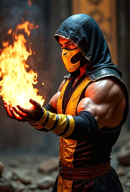 cinematic photo Scorpion from Mortal Kombat, battle pose, fireball in hands. 35mm photograph, film, professional, 4k, highly detailed,upperbody visible,Mortal Kombat arena . embedding:EZRealPONYXL,