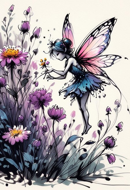 inksketch, A tiny fairy visiting a flower