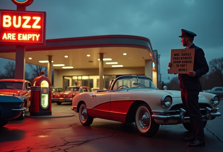 A vintage 1950s gas station at twilight, with many classic cars parked by the pumps. The neon signs glow warmly reads "BUZZ are Empty ", creating a nostalgic atmosphere. A friendly attendant in a uniform with a peaked cap is cleaning the windshield of a sleek, two-toned convertible while a jukebox inside the station plays rock 'n' roll hits. a sad man at a protest holding a sign that says “SUPPORT YOUR FAVORITE CREATORS! TIP BUZZ!”