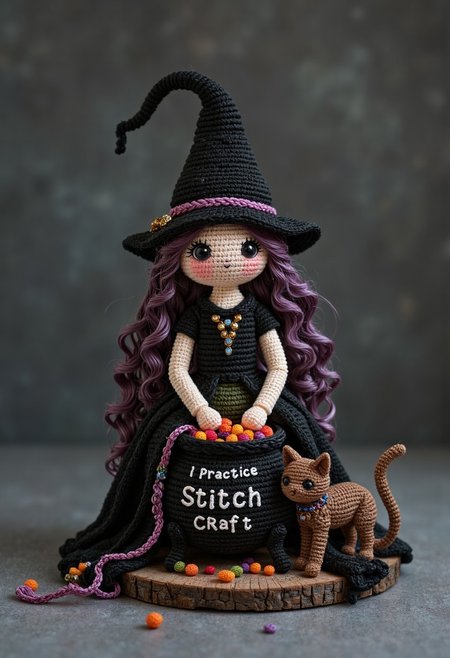 BlackColor cr0ch3tcut3styl3, masterpiece object photography of  a crocheted witch with cauldron and cat. text says "I Practice Stitch Craft",  background is charcoal-grey. <lora:BlackColor:0.8> ,  <lora:Crochet_cute:0.81>