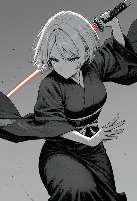 masterpiece, best quality, absurdres, knibor, monochrome, greyscale,
1girl, solo, kimono, katana, energy sword, red sword, fighting stance, slashing,
simple background