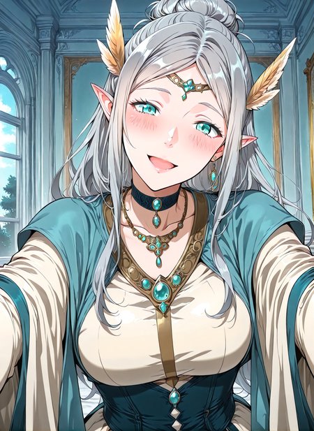 <lora:Merial_Eralith__The_Beginning_After_the_End__Illustrious:1>
1 girl, solo, elf, pointy ears, aqua eyes long hair, grey hair, ponytail, braid, single hair bun, 
dress, long sleeves, wide sleeves, hair ornament, circlet, jewelry, earrings, necklace, choker, head wings,
score_9, score_8_up, score_7_up, score_6_up, source_anime, rating_explicit, 1girl, solo, smile, embarrassed, alcalose eyes, open mouth, mansion, indoors, looking at viewer, outstretched arms, pov, close-up, (head tilt:1.2), <lora:iLLMythG0thicL1nes:1>