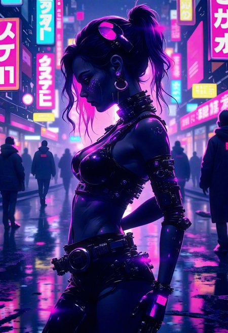 bo-cpposter, high-contrast digital illustration, cyberpunk goth girl, glowing neon purple highlights, sleek black outfit, dark cybernetic implants, rain-soaked streets, neon-lit city, futuristic urban setting, edgy style, dystopian atmosphere, neon reflections, dynamic lighting, cyberpunk fashion, futuristic cyberwear, dark aesthetics, cyberpunk portrait. , <lora:Flux\boFLUX Cyberpunk Poster.safetensors:1.4000000000000001:1.4000000000000001>