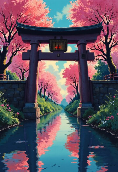 Vector art, uhd, 8k, 4k, epic, dramatic, 4k quality, (Perfect hand:1.4), (masterpiece), (superhero), detailed, ghiblistyle, Perfect hand
Rendered in a style redolent of Impressionism, the painting utilizes a vibrant.
A japanese tori gate with a reflective pond infront. The tori gate reflected in the pond. Cherry blossom trees are behind the gate. 
Dim lighting, sharp detail, cinematic lighting