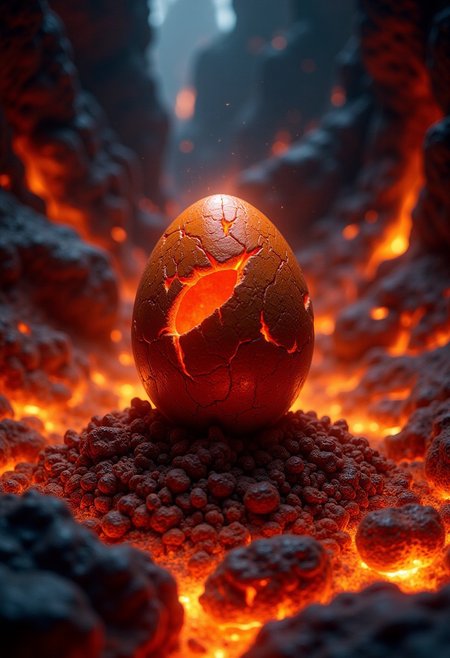 perfection style, a digital art illustration depicting a charred egg sitting on a pile of cinders in a cave full of lava and lit by the fires. The egg is covered with cracks glowing from the inside.