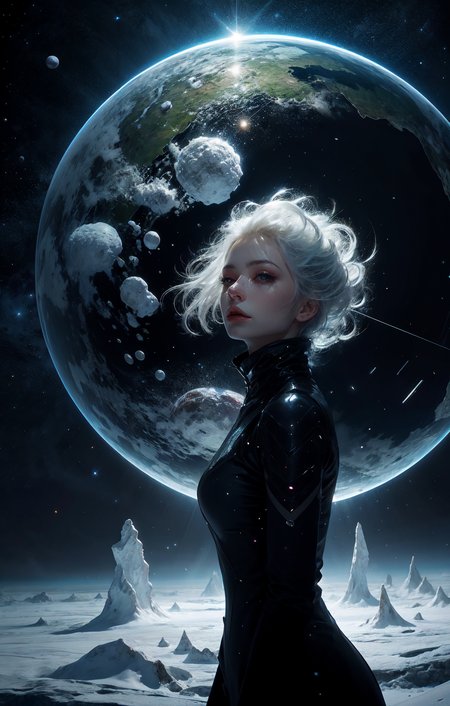 1girl, cosmic, black dress, glass, <lora:Hellasthetic v2:0@0:1@0.1>, 1girl, silver, fractal_art, Space-time distortion, Horizon, Colony, backlighting, elegant, Glowing white hair, planet generator, High ceiling, Ice Planet, Planet Collision, blizzard crystal, winid, storm, float, close-up,