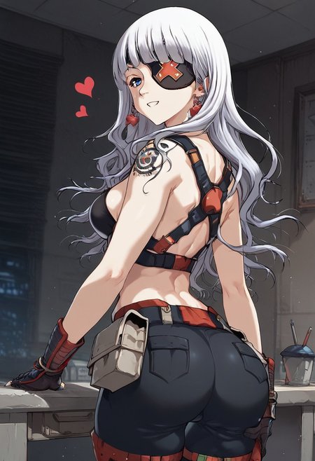 score_9, score_8_up, score_7_up, professional anime,1girl,solo,(kana from leviathan),medium breasts,big ass, perfect ass,round ass,thighs,Kana, dark blue eyes, white hair, long hair, eyepatch, tattoo on shoulder, Kana clothes, pants,pleasure,hearts,short girl,room,