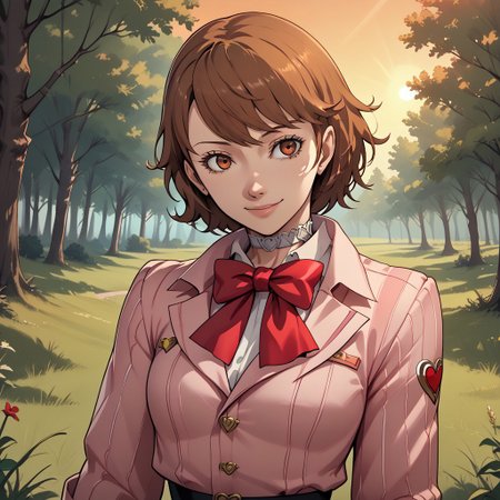 score_9, score_8, BREAK, Yukari Takeba, persona 3 reload style, brown hair, white heart choker, pink striped jacket, red bow tie, short black skirt, sexy pose, self portrait, smile, outdoors, sunlight, shadows, evening lighting, natural lighting, forest, trees, grass, orange sky, sunset