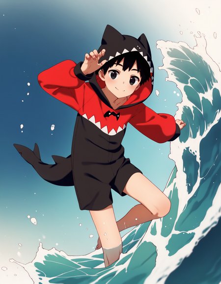 score_9, score_8_up, score_7_up, score_6_up, source_anime, simple background, wave, 1boy, solo, black hair, black eyes, shark costume, hood up, smile <lora:modokie-amxl-v1-ShoAI:1>