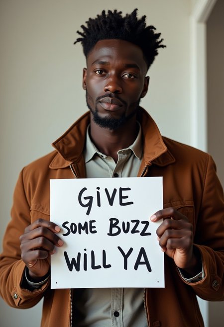 handsome dark skinned man holding a sign it say "give some buzz will ya"