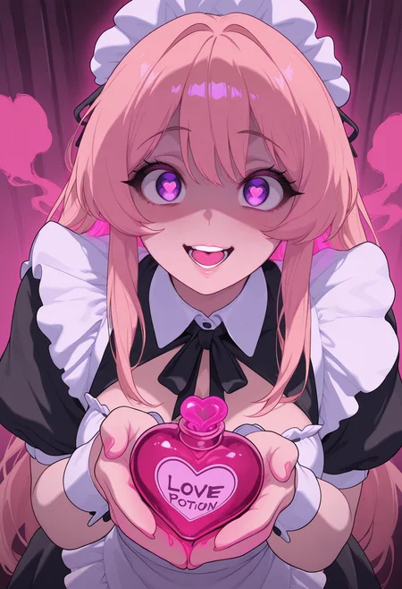 IllusP0s, neon palette, flat colors, 1girl, CivChan, purple eyes, pink hair, maid, yandere, heart-shaped pupils, looking at viewer, holding love potion, giving viewer, heart-shaped bottle, pink smoke, heart  <lora:CivChan:0.9>