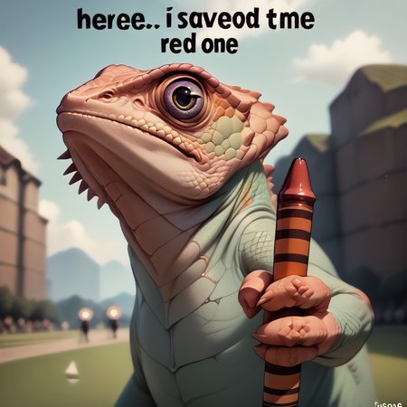 realistic, score_9, score_8_up, <lora:NSRedOneMeme:1> NSRedOneMeme, upper body, holding, english text, from side, looking at the viewer,  <lora:ChamChameleonPonyXL:1> Chameleon, lizard, back spikes, feral, scales