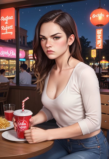 positiv Clip L:
  embedding:Pony\zPDXL3, A stunningly beautiful adult woman sitting across from you in a cozy fast-food restaurant at night. She is wearing casual yet stylish clothes, such as a fitted shirt and jeans, exuding effortless charm. perfect round small breasts cleavage. Her captivating eyes meet yours with an intense, angry expression, frown, upset gaze that feels deeply personal and cold. Soft moonlight streams through the large window behind her, casting a cool, ethereal glow on her figure, while the warm, ambient lighting of the restaurant creates a balanced contrast. The table in front of her has subtle details like a soda cup and a tray with fries, adding authenticity to the scene. The background features faint reflections on the glass and soft neon lights from the street outside, enhancing the cinematic and intimate atmosphere. Ultra-detailed, cinematic composition, sharp focus on her expression and eyes, complementary cool moonlight and warm interior tones,  
positiv Clip G:
  embedding:Pony\zPDXL3, A stunningly beautiful adult woman sitting across from you in a cozy fast-food restaurant at night. She is wearing casual yet stylish clothes, such as a fitted shirt and jeans, exuding effortless charm. perfect round small breasts cleavage. Her captivating eyes meet yours with an intense, angry expression, frown, upset gaze that feels deeply personal and cold. Soft moonlight streams through the large window behind her, casting a cool, ethereal glow on her figure, while the warm, ambient lighting of the restaurant creates a balanced contrast. The table in front of her has subtle details like a soda cup and a tray with fries, adding authenticity to the scene. The background features faint reflections on the glass and soft neon lights from the street outside, enhancing the cinematic and intimate atmosphere. Ultra-detailed, cinematic composition, sharp focus on her expression and eyes, complementary cool moonlight and warm interior tones,