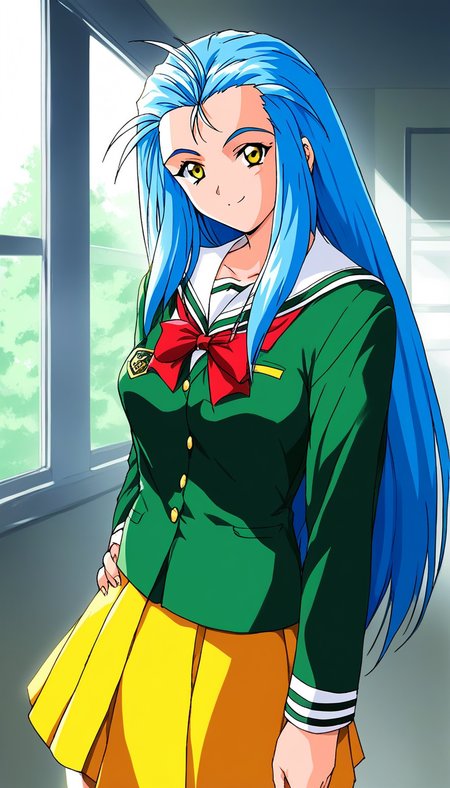 score_9, score_8_up, score_7_up, source_anime, rating_explicit, BREAK <lora:Minazuki_Kotoko_XL:1> Minazuki_Kotoko, blue hair, long hair, orange eyes, medium breasts,
1girl, solo, school uniform, smile, 
looking at viewer, long sleeves, green shirt, serafuku, indoors, shirt, window, 1990s (style), Yellow skirt,