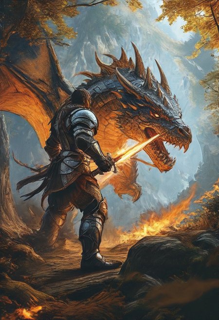 Knight fight against giant dragon, in beautiful forest, 8k  action shot, knight in full armor, knight with giant flame sword,fighting, fantasy, gigantic dragon, bosstyle,