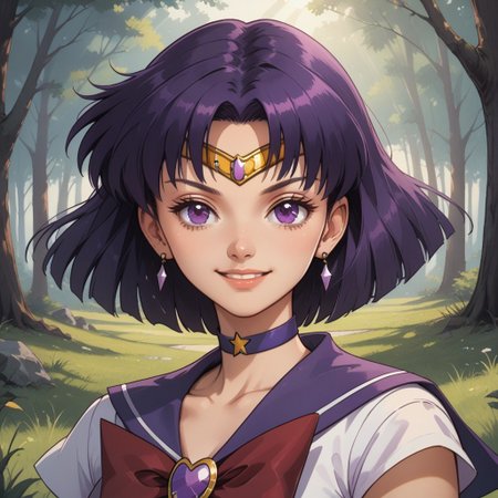 score_9, score_8, BREAK, solo, Sailor_Saturn_(Sailor_Moon), 1girl, bob cut, tiara, earrings, sailor senshi uniform, purple eyes, purple choker, purple sailor collar, red bowtie, white shirt, elbow gloves, white gloves, pleated skirt, purple miniskirt, purple boots, self portrait, smile, looking at viewer, outdoors, sunlight, shadows, evening lighting, natural lighting, forest, trees, grass, orange sky, sunset
