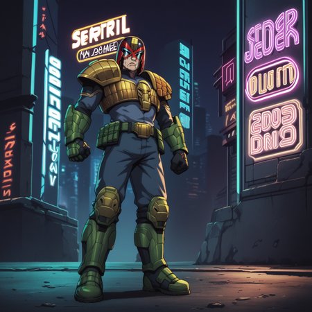 score_9,score_8_up,score_7_up,score_6_up,score_5_up,score_4_up,source_anime BREAK judge dredd,armor,helmet,scowling,black visor,full body shot,<lora:Judge_Dredd_Comic_Style_v2_Pony_SDXL:0.8>,cover art,cyberpunk city,dark city,neon lights,
