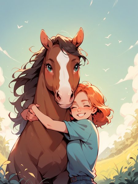 score_9, score_8_up, score_7_up, score_6_up,  <lora:p3tl0v3XLP:1> p3tl0v3, 1girl, hugging horse