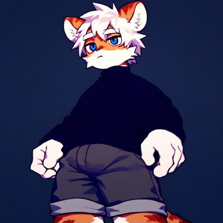 score_9_up, score_8_up, score_7_up, source_furry, atlyssstyle, low poly, milkytiger, tiger ears, tiger boy, white eyebrows, blue eyes, 1boy, solo, black sweater, gray shorts