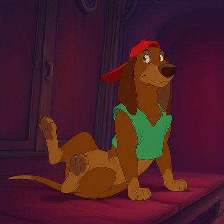 masterpiece, best quality, amazing quality, ItchyItchifordil, feral, male, Dachshund, brown fur, long ears, green shirt, sleeveless, red hat,  sitting, inside,