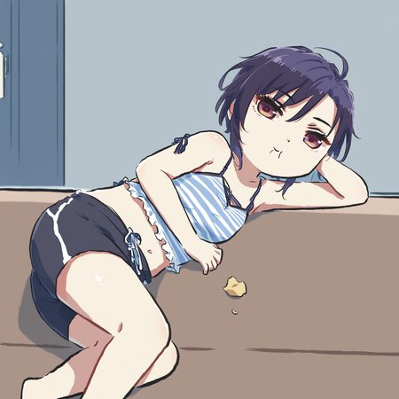 best quality, masterpiece, absurdres, very authentic, 1girl, solo, full body, Furuhashi Suzuna, (lying on couch:0.8), (on side:1.4), (arm support with hand on face:1.1), looking at viewer, indoors, suzuna's striped camisole, midriff, suzuna's swim trunks, (xinzoruo, chibi,:1.1) half-closed eyes, expressionless, eating potato chips, <lora:suzuna-anxl31-000084:0.2>, <lora:XinzoruoStyle2_AnimagineXLv3:1>,