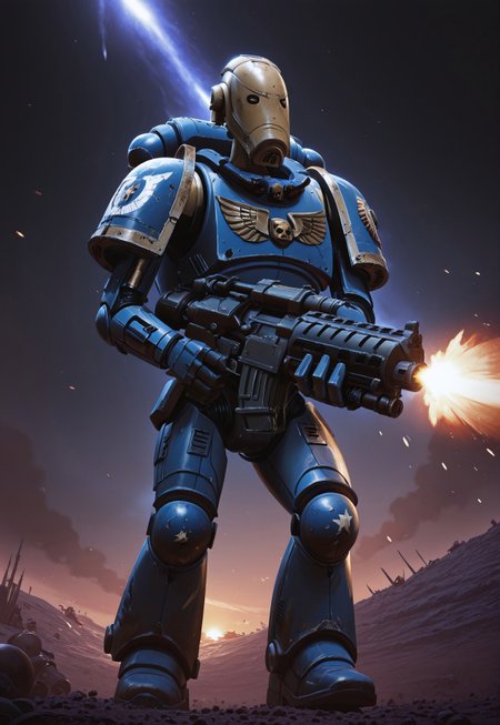 Masterpiece, absurdres, highest quality, highly detailed, newest, 8k, semi-realistic, solo, b1bd, cl4nker, droid head, space marine armor, firing a heavy bolter, battlefield background, UltraM40k, no helmet, no humans,
