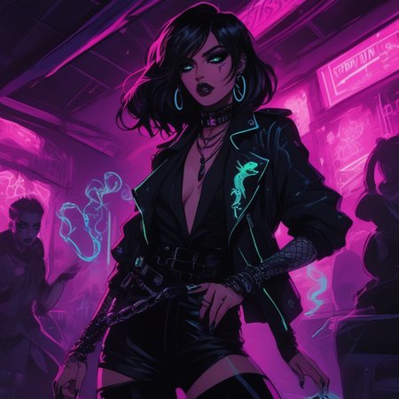 Gothic style  <lora:Gothicanimegirls:1>A dark fantasy woman performing in a grungy underground rock club, lit with pulsating neon lights in shades of pink, green, and blue. Her makeup is bold and glittering, with a snake tattoo curling around her arm. The camera is at a tilted angle, emphasizing the chaotic energy of the room, with motion blur on the crowd and sharp focus on her. highly vibrant image. . Dark, mysterious, haunting, dramatic, ornate, detailed