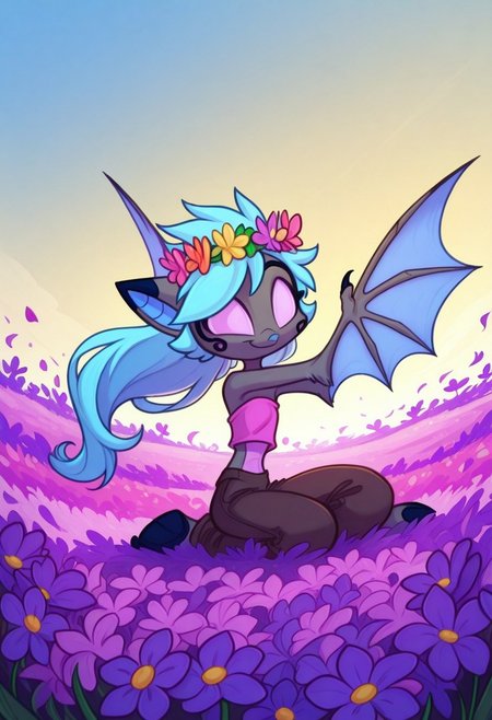 Dreamkeepers,1girl,Prelude_Vanth,solo,furry,source_furry,blue hair,wings,furry,bat wings,
child,
hippie , pant , flowerchild girl , flower crown ,Hair Wreath , long hair , strapless cropped top , flower ,colorful , vibrant , sitting , barefoot , flower field , blue sky , flowing hair , cheerful , wind , flower petal ,
masterpiece, best quality ,amazing quality ,S4bit4mago_illu , xxx667_illu ,Protoneon  , ma1ma1helmes_b_illu,