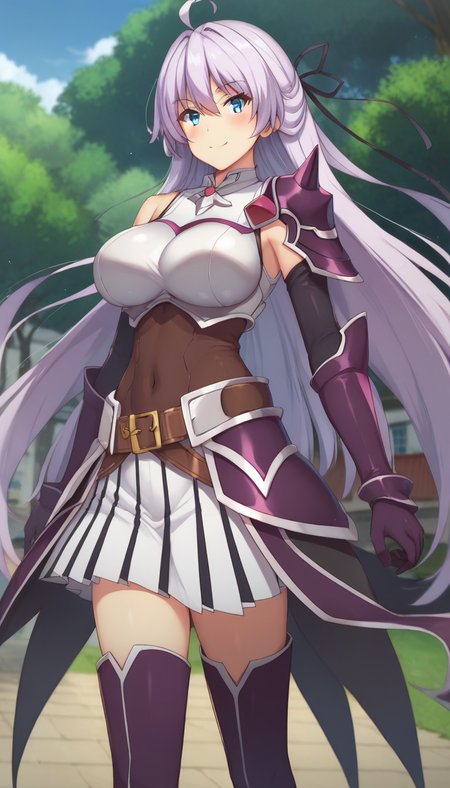 score_9,score_8_up,score_7_up,score_6_up BREAK official art,solo,outdoors,cowboy shot,looking at viewer,facing viewer,smile,blush,Kureha,ahoge,very long hair,light purple hair,hair ribbon,floating hair,hair between eyes,bangs,blue eyes,cape,shoulder armor,pauldrons,shoulder pads,armored dress,detached sleeves,elbow gloves,large breasts,breastplate,faulds,large breasts,covered navel,belt,miniskirt,white skirt,pleated skirt,zettai ryouiki,purple thighhighs,thigh boots,purple footwear,<lora:Kureha(rh)-Pony:1.4>,