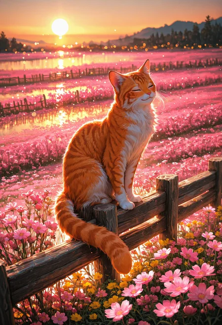 orange tabby cat, fluffy, golden hour, sunset, wooden fence, weathered wood, closed eyes, content expression, gentle smile, sunlit fur, vibrant colors, wildflower field, pink cosmos, yellow flowers, green foliage, bokeh, soft background, warm lighting, sun on horizon, orange glow, serene atmosphere, photorealistic, nature photography, outdoor, luminous, perched, detailed fur, textured surface, warm color palette, no humans, solo
,masterpiece,best quality,amazing quality,
 <lora:GBF_Illustrious:0.4>, <lora:ILLMythP0rtr4itStyle:0.4>, <lora:XXX477:0.5>, <lora:USNR STYLE_XL_loha:0.4> <lora:Smooth Booster:0.5>