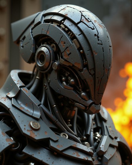 Photorealistic portrait of a heavily weathered, faceless android warrior, its design a fusion of Brutalist mass and Inquisitorial austerity. Depicted in a dynamic quarter view, head turned sharply, V-shaped faceplate catching the light. The helmet is formed from thick, overlapping plates of weathered dark metal with sharp, unforgiving angles, featuring smooth, featureless sides. The entire machine is coated in layers of oily grime and streaked with both fresh and dried blood. Exposed actuators and heavy, piston-like joints in the neck and torso glow faintly with a cold, white light through the muck. The upper body armor is massive and angular, suggesting layered, brutal protection, bearing impact marks and gouges. Set against a blurry, fire-lit background suggesting a purge or cleansing. High-contrast cinematic lighting catching sharp highlights on the angular, oily surfaces, hyperrealistic textures emphasizing brutal wear and tear, shallow depth of field implying violent action.