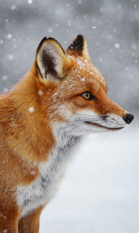 high-resolution photograph of a red fox taken in a snowy environment. The fox is shown in a close-up profile view, facing right, with its head slightly tilted upwards. Its fur is a rich, vibrant orange with a white patch on its chest and a white stripe running down its face. The fur appears soft and fluffy, with a texture that contrasts sharply with the snowflakes that are falling gently around it. The fox's ears are pointed and alert, covered in a light dusting of snow, and its eyes are a piercing yellow, adding to its alert and intelligent expression. The background is a soft, muted gray, likely indicating a snow-covered landscape, with snowflakes falling continuously, creating a serene and tranquil atmosphere. The overall composition of the image is focused on the fox, with the snowflakes and background providing a sense of depth and context. The photograph captures the natural beauty and serene elegance of the fox in its winter habitat., aidmaimageupgrader, aidmaMJ6.1