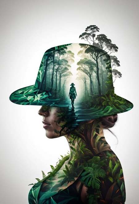 mysterious silhouette woman with hat, amazing depth, double exposure, surreal, rainforest, pattern, lightening, geometric patterns, intricately detailed, bokeh,  perfect balanced, deep fine borders, artistic photorealism , smooth,  with a white background