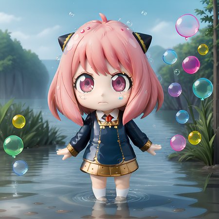 4k,a cute girl standing in water,lake,grassland,shining,surrounded by colorful bubbles,colorful,water splashing,detailed anime style,pink hair,school uniform,anya  \(spy x family\),<lora:anya  (spy x family):1>, <lora:nedo2:0.75>