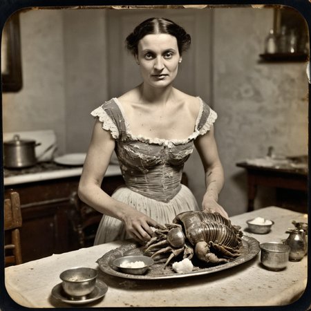 daguerreotype of circa 1850 woman, putting a platter of roasted alien turkey trilobites on a dirty dining table, in old kitchen, wearing a cotton revealing sexy dirty old ripped dress made of cotton, detailed face, monsters, intricate detail