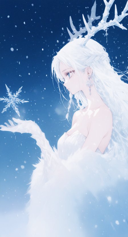 masterpiece,best quality,amazing quality, 
1girl, solo, long hair, blue eyes, dress, closed mouth, jewelry, bare shoulders, white hair, braid, earrings, horns, white dress, from side, strapless, profile, blue background, strapless dress, snow, ice, snowing, antlers, snowflakes, tanemura arina,
ma1ma1helmes_b_illu, <lora:ponyv6_noobE11_2_adamW-000017:0.3> <lora:XXX667:0.6> <lora:96YOTTEA-WAI:0.5> <lora:TanemuraArinaIllustriousV1:0.8>