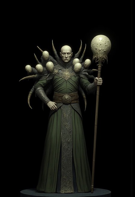 Standing in a hyper stanced extended action pose
a meddle aged bald medieval mage wearing a green tunic and a wizards staff made out of wood zbrush
Set against a solid dark black color background to emphasize its unsettling unnatural form that emphasizes its silhouette. The medium is not a traditional painting or illustrative medium like watercolor or ink but rather a digital 3D rendering.
MikeFranchinastyle, d4artstyle, d4concept, , bbstyle,, horror theme,, zbrush, ZBClay model of a gray sculpture, 1990's, 1990's style