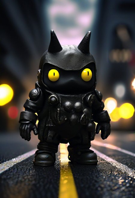 (((RAW Photo))) close up photo of strange small creatures dressed in a black combination with a (((cubic stone head and two small yellow lights in place of eyes))) and a brush of yellow paint in hand on the road on the yellow line, night light (((masterpiece)))